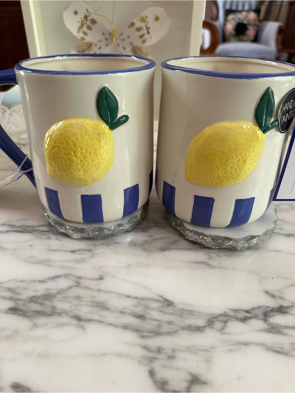 Pair of Hand-Painted Lemon Ceramic Mugs - Yellow & Blue Luna & Sage